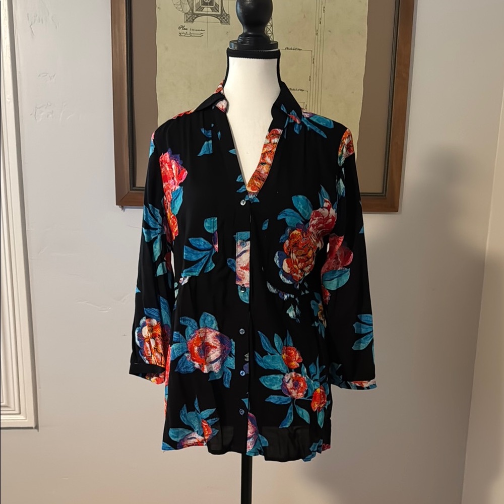Anthropologie Multicolored 3/4 Sleeve Button Down Shirt with Mandarin Collar